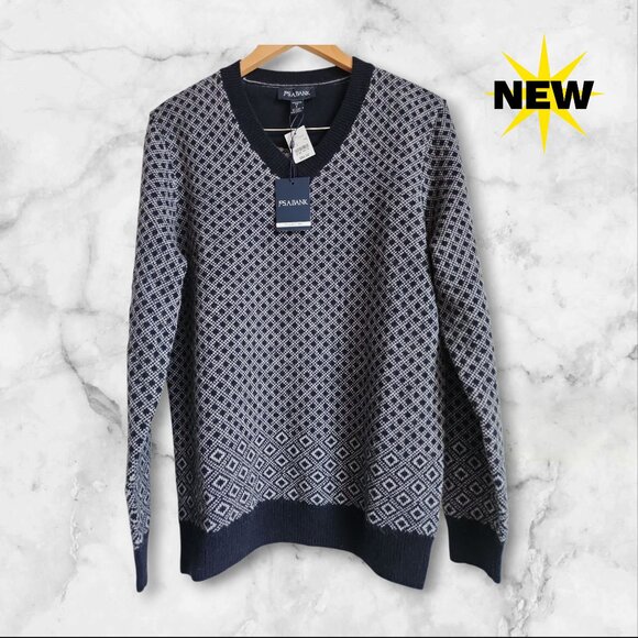 S Sweater Blue New Jos A Bank Small V Neck Nwt Winter Wool Blend Navy Diamond Sz - Picture 1 of 17